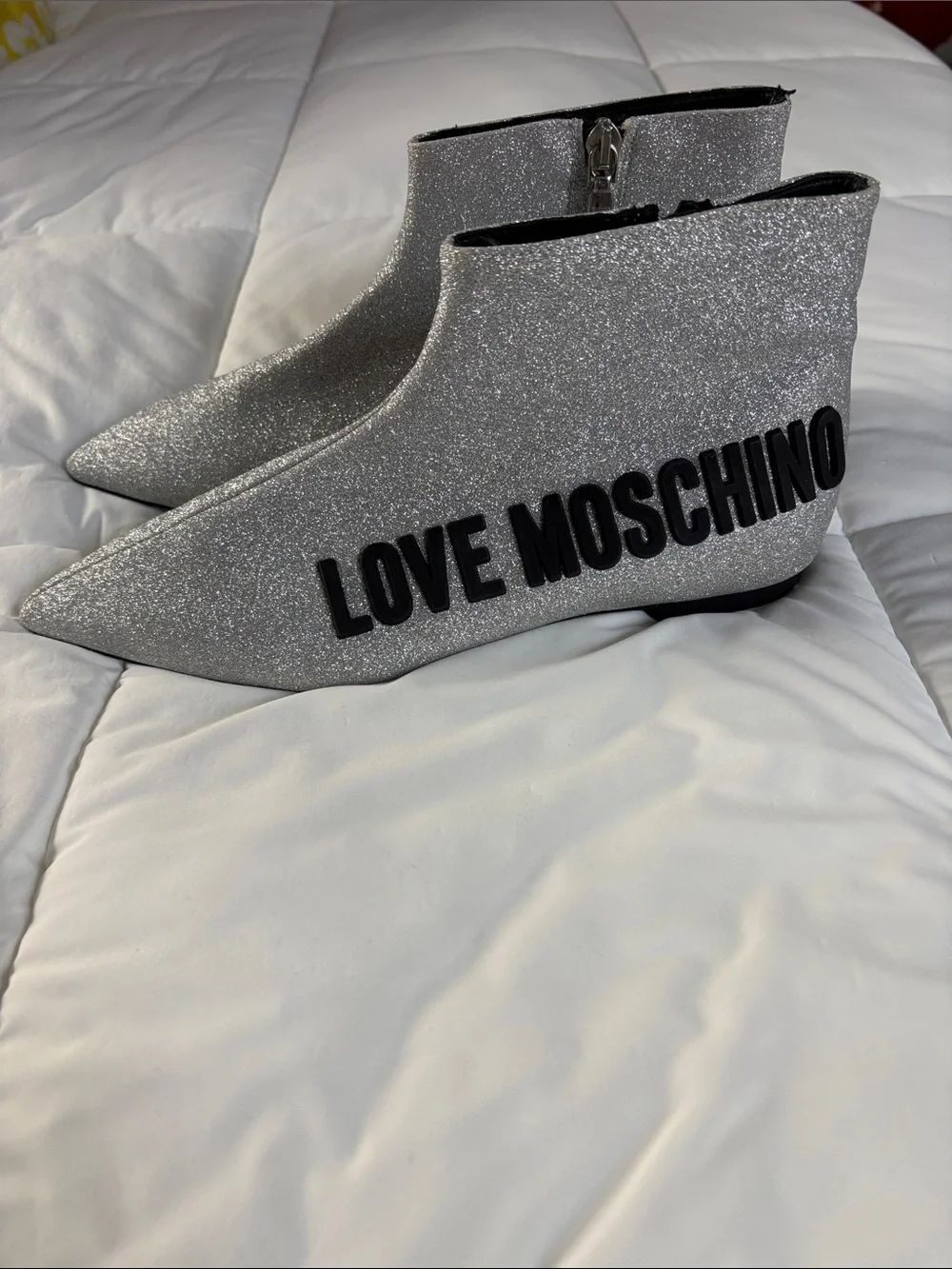 Love Moschino Silver Glitter Pointed Ankle Booties with Black Logo